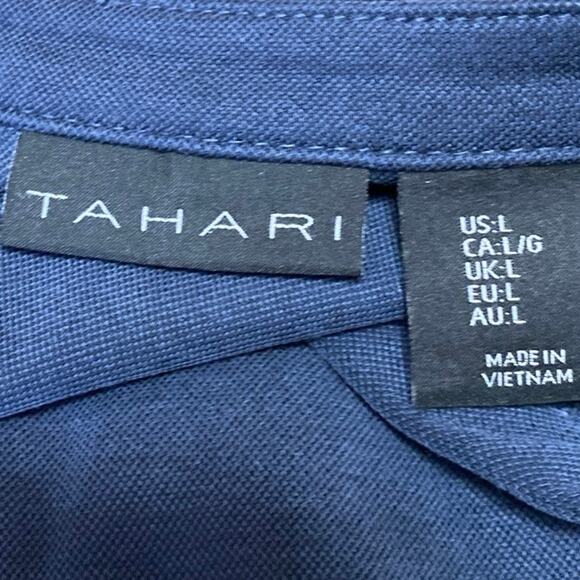 Tahari Navy Blue Short Sleeve Notch V Neck T Shirt Shift Mini Dress Size L - Picture 3 of 4